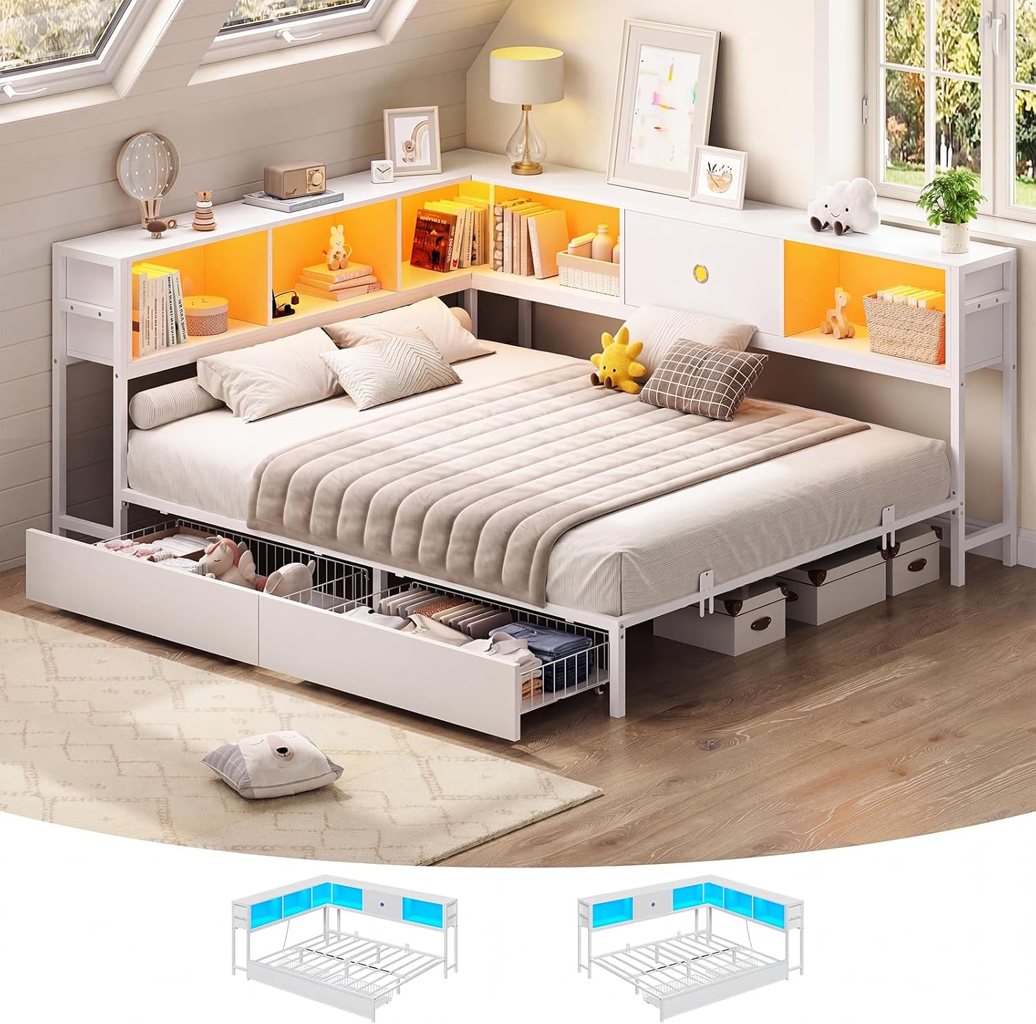 Queen Corner Bed Frame with Storage Drawers and Bookcase Headboard, Queen Size Metal Platform Corner Bed Frame with Charging Station and LED Lights, Queen Daybed for Adults Teens Guests, Whi