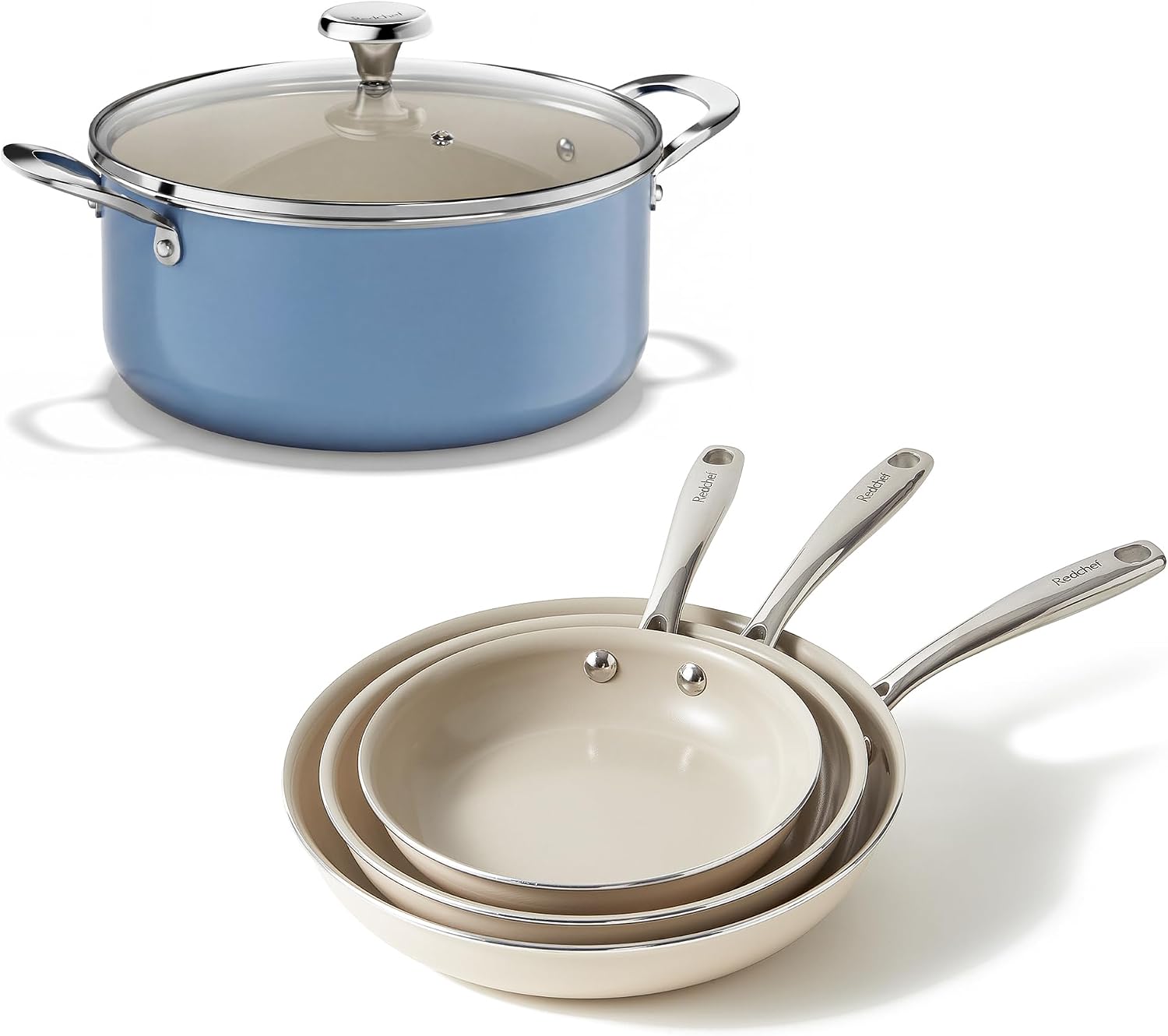 Redchef 5 QT Ceramic Stock Pot with Lid, 8" 9.5" 11" Ceramic Frying Pan Set, PFAS & PTFE & PFOA Free with Stay Cool Handle, Dishwasher & Oven Safe