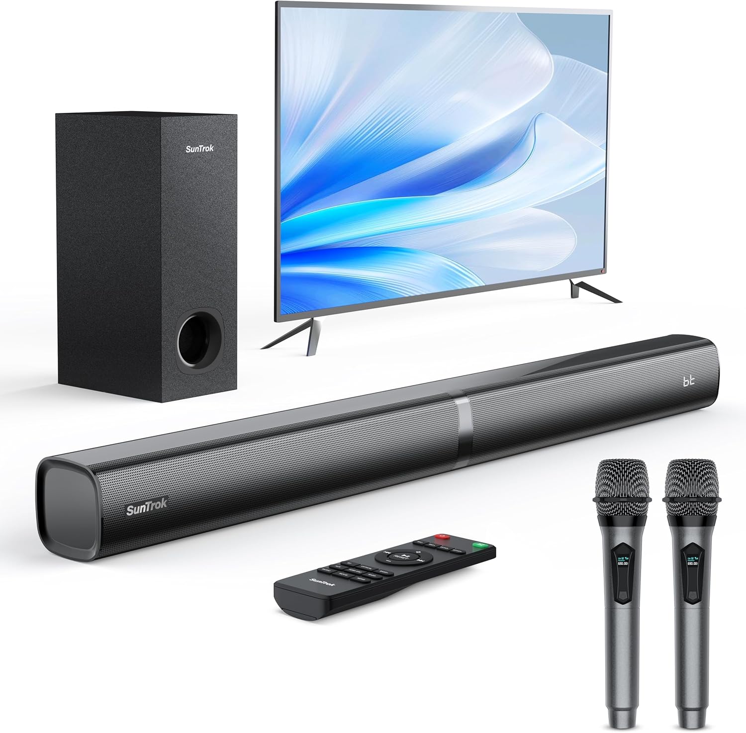 Soundbar with Subwoofer for TV, Home Theater Bluetooth 5.3 Speaker System with 2 Wireless Karaoke Mics, Surround Sound Audio with HDMI ARC, Optical, AUX, USB for Movie, Music, Family Party(P