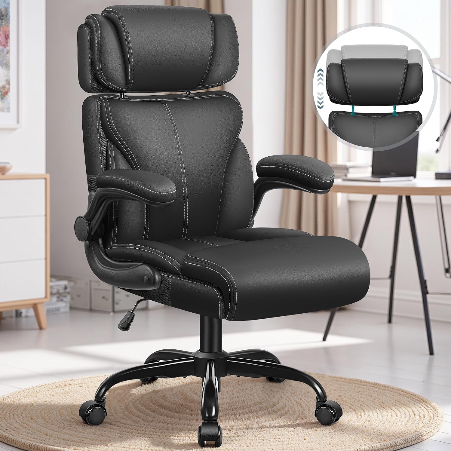 Office Chair, Ergonomic Big and Tall Computer Desk Chair with Retractable Adjustable Headrest, Executive Breathable Leather Chair, Lumbar Support Swivel Flip-up Armrests Rocking Function,Mat