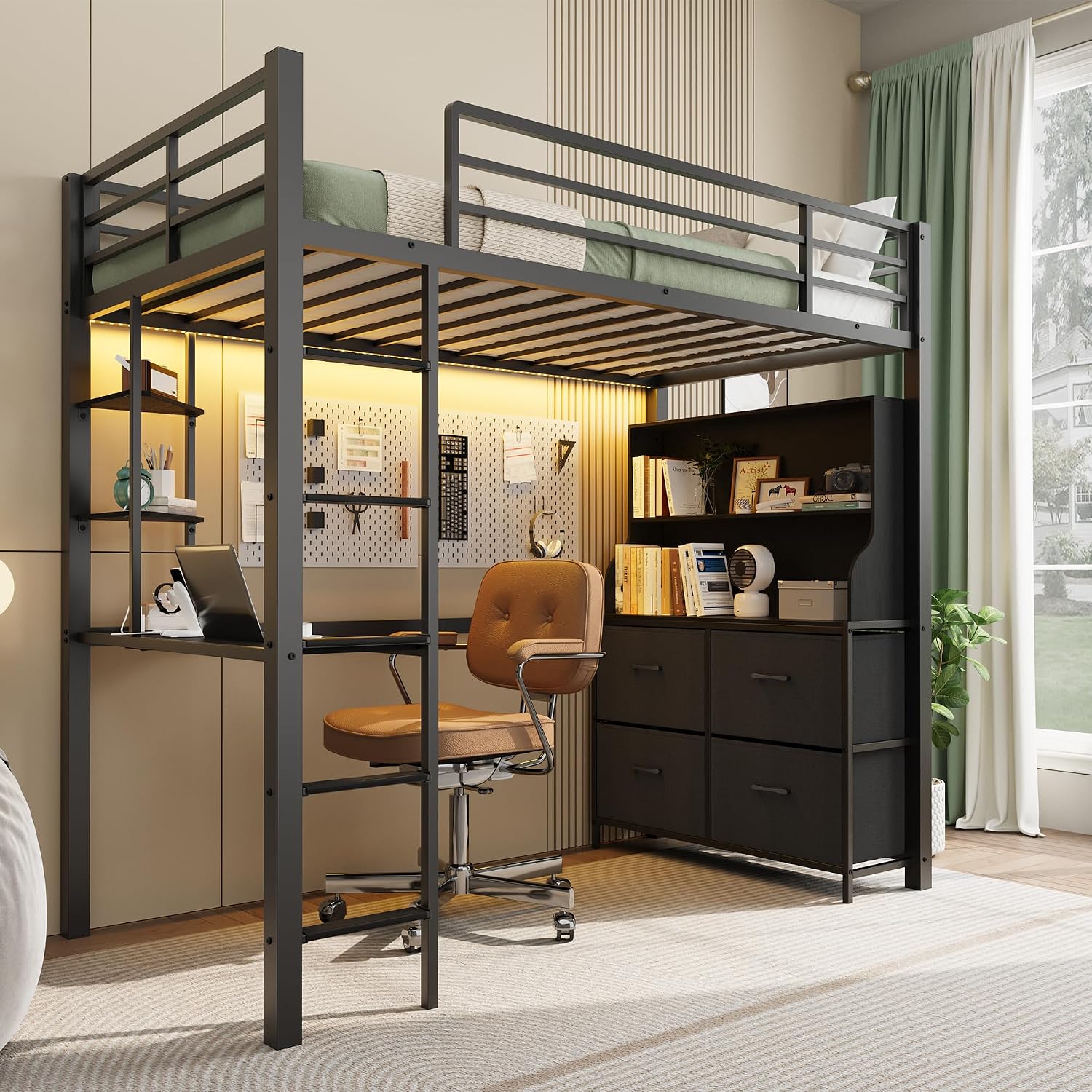 Twin Size Loft Bed with Desk, 4 Large Drawers and LED Lights, Power Outlets | Heavy Duty Metal Loft Bed with Safety Guardrails & Ladder, Open Shelves, Space Saving, No Box Spring Needed, Bla