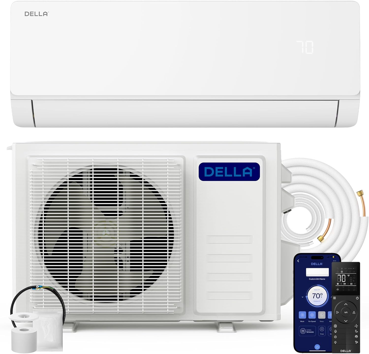 DELLA Vita Series 18000 BTU Mini Split Air Conditioner, Energy Efficient,20 SEER2 230V,Cools up to 1000 Sq. Ft,1.5 Ton Heat Pump, Works with Alexa & Wifi,Ductless Inverter System,Pre-Charged