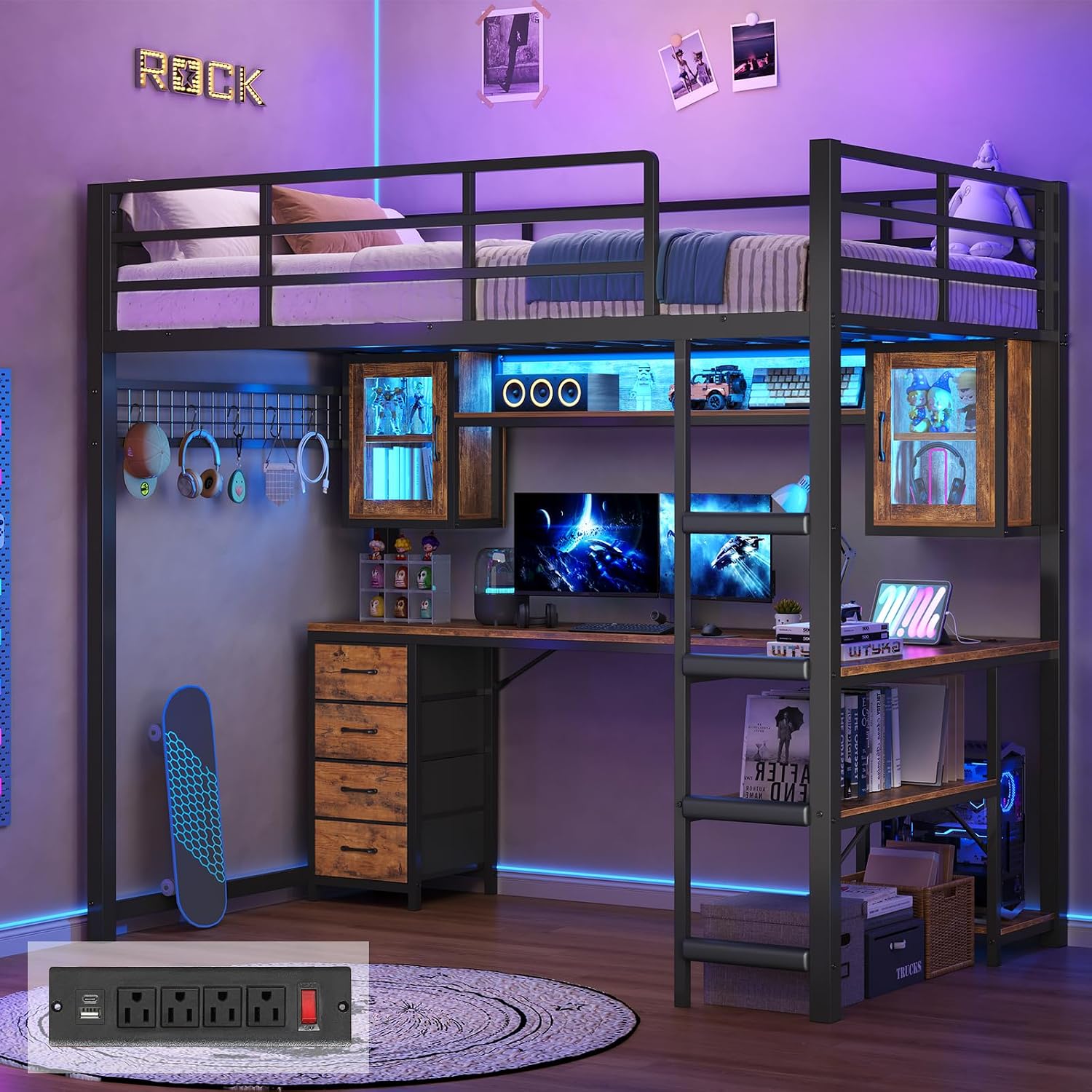ADORNEVE Loft Bed Twin Size with Gaming Desk, Storage Drawers, Safety Power Outlet, Metal Loft Bed Frame with RGB Lights, Space Saving Gaming Loft for Kids, Guardrail & Ladder, Black & Rusti