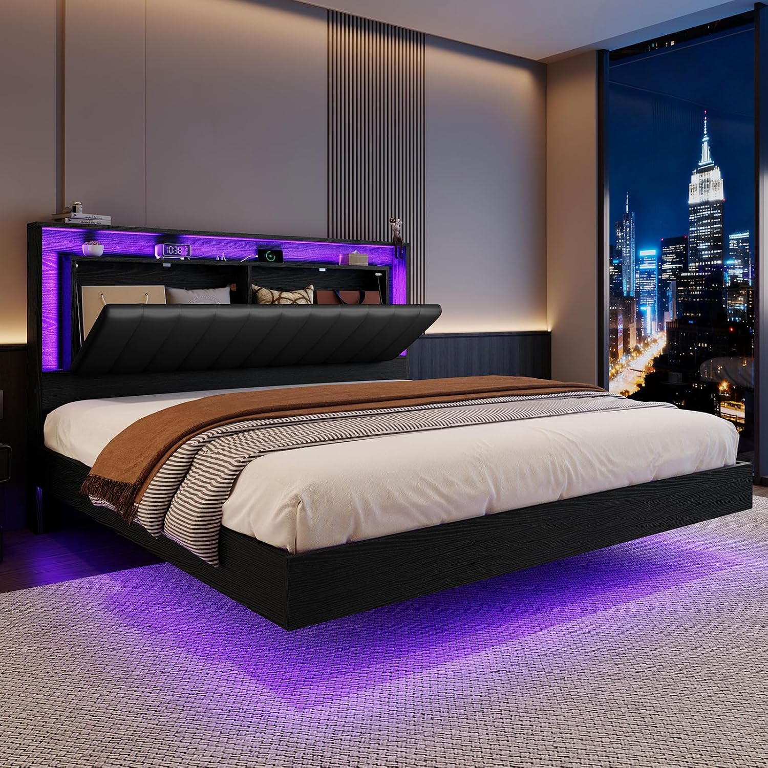 Belffin Queen Size Floating LED Bed Frame, Modern Bed with Storage, Black | Cool Wooden LED Platform Bed With Faux Leather Backrest, Hidden Storage Headboard, Easy Cleaning, Noise-Free