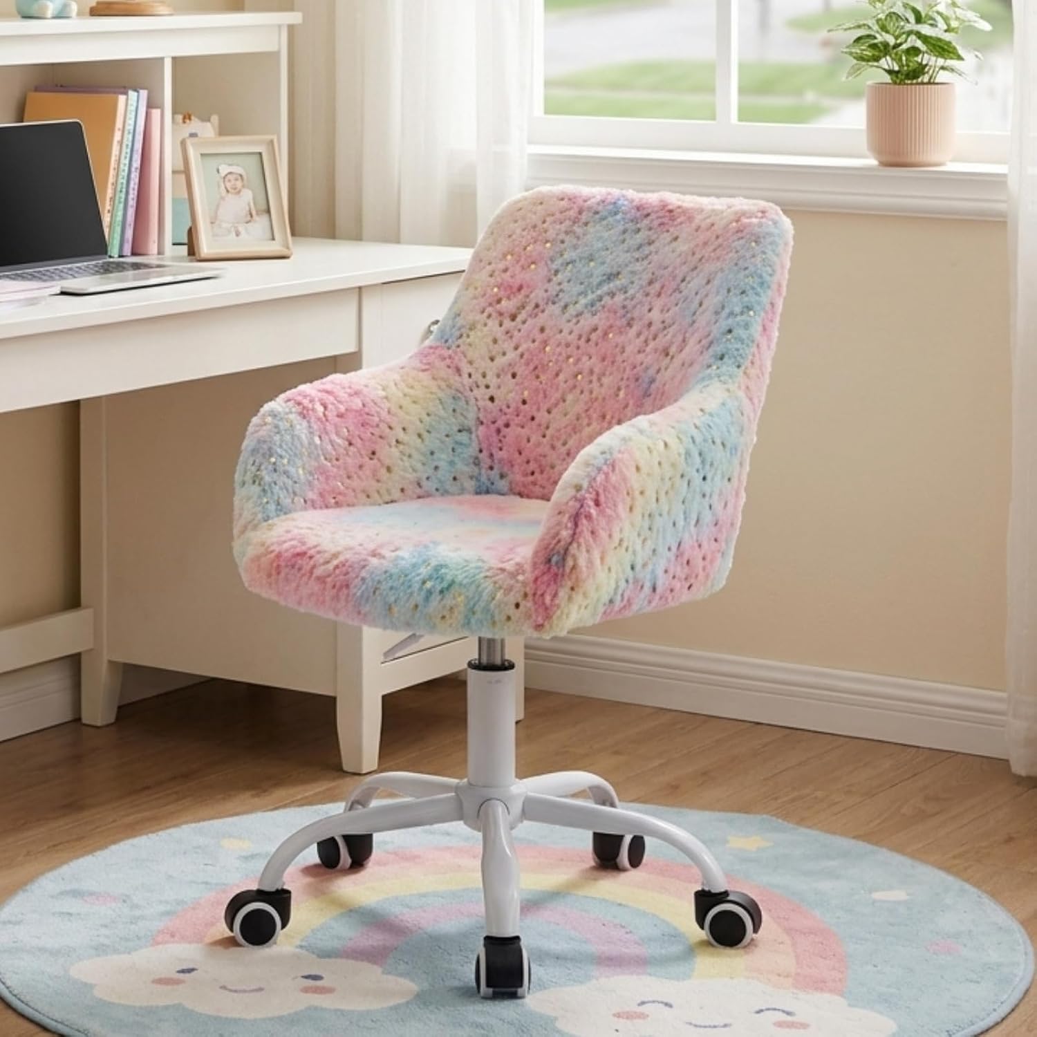 Kids Desk Chair, 360° Swivel Cute Computer Chair with Armrests, Upholstered Kids Study Vanity Chair for Girls and Boys, Colorful Pink
