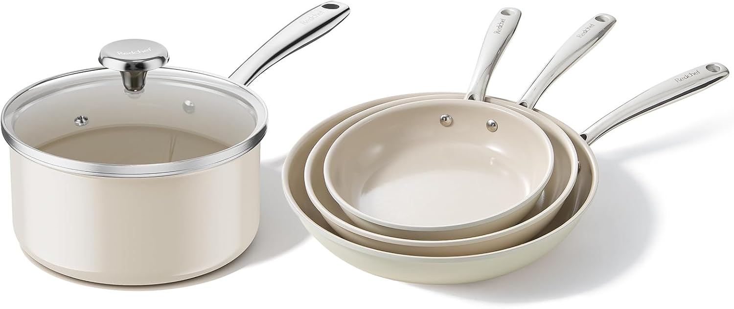 Redchef Ceramic Sauce Pan with Lid 2.5QT+3PCS Frying Pan, Nonstick Cooking Pot with Stay-Cool Handle, Kitchen Non Toxic Soup Pot, PTFE & PFOA Free, Oven Dishwasher Safe, Compatible All Stove