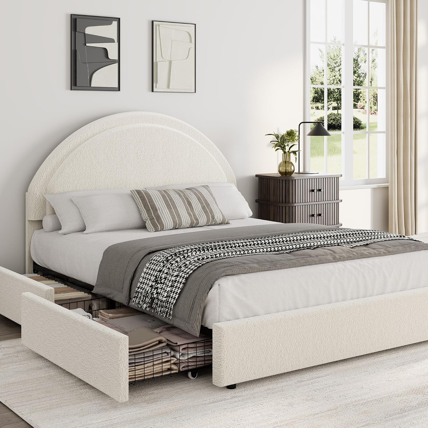 Garvee Full Size Bed Frame with Storage Drawers, Upholstered Boucle Platform Bed with Round Headboard, Heavy Duty & Noise Free, No Box Spring Needed, Beige | Round Headboard, Heavy Duty & No