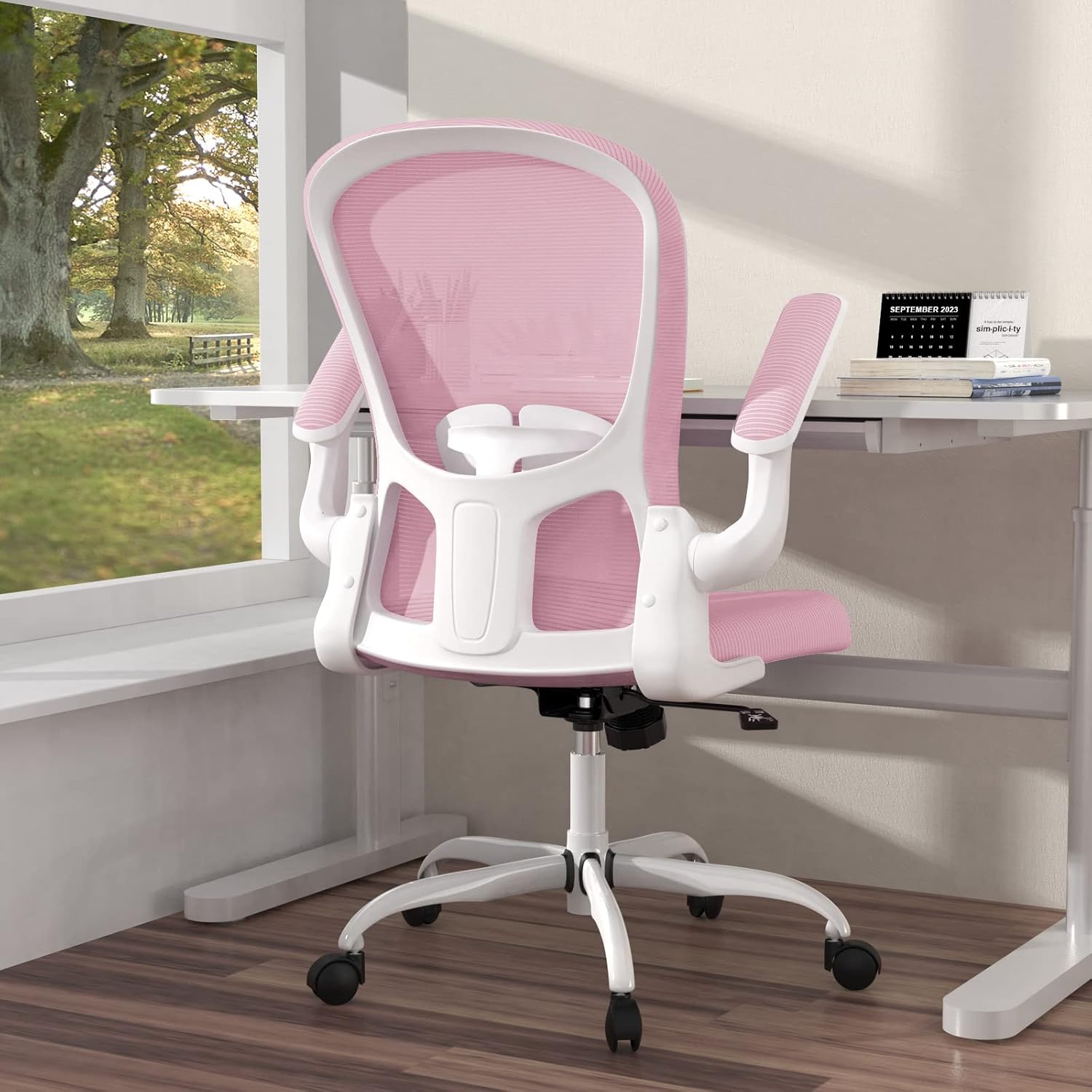Ergonomic Office Chair, Comfort Swivel Home Office Task Chair, Breathable Mesh Desk Chair, Lumbar Support Computer Chair with Flip-up Arms and Adjustable Height Pink