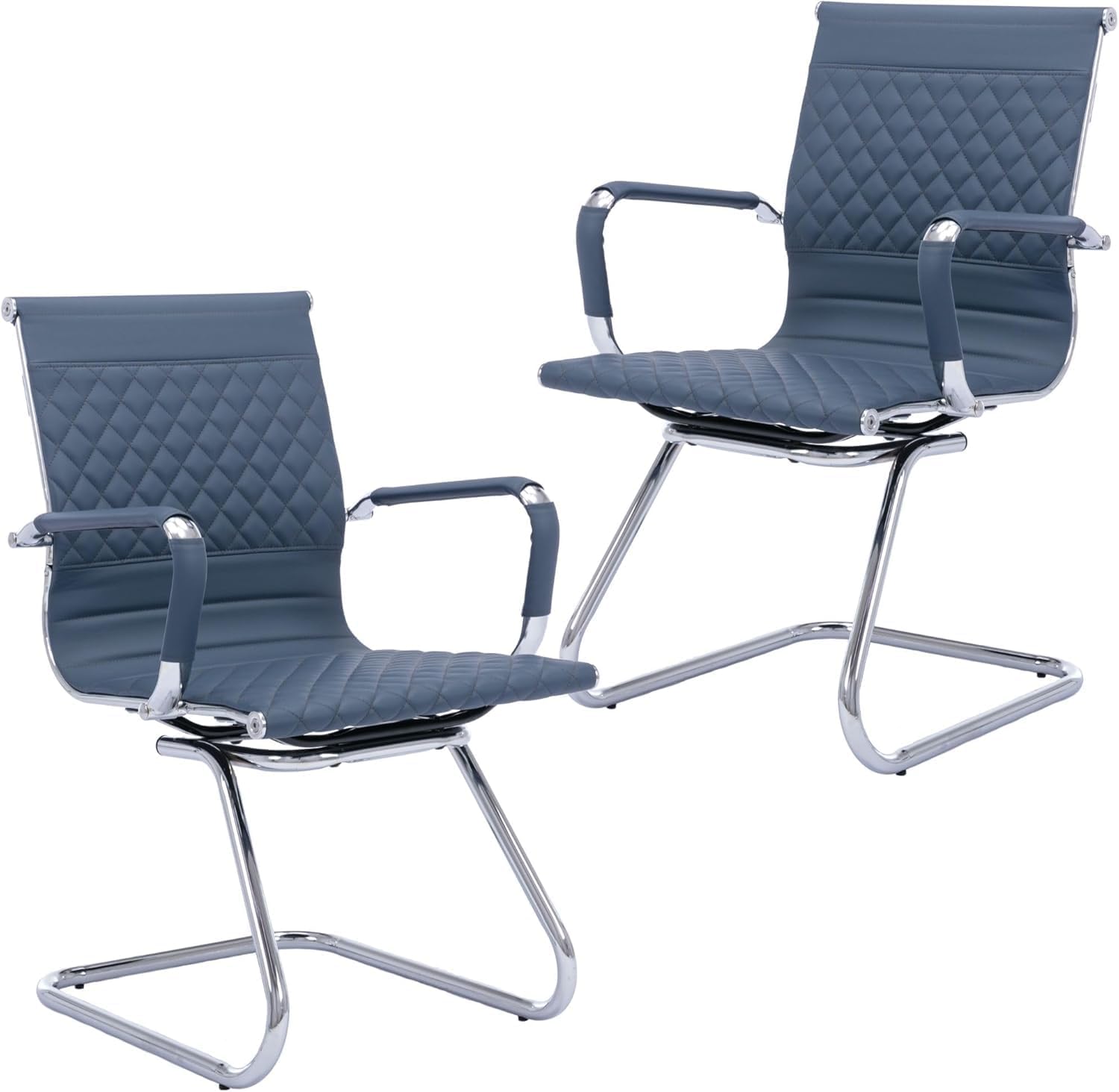 HNY Set of 2 PU Leather Office Guest Chairs, Navy Blue | Detachable Armrest, Sled Base Supports 400 Lbs, Armless Desk Chair, Modern Conference & Reception Seating for Home, Lobby Navy Blue 2