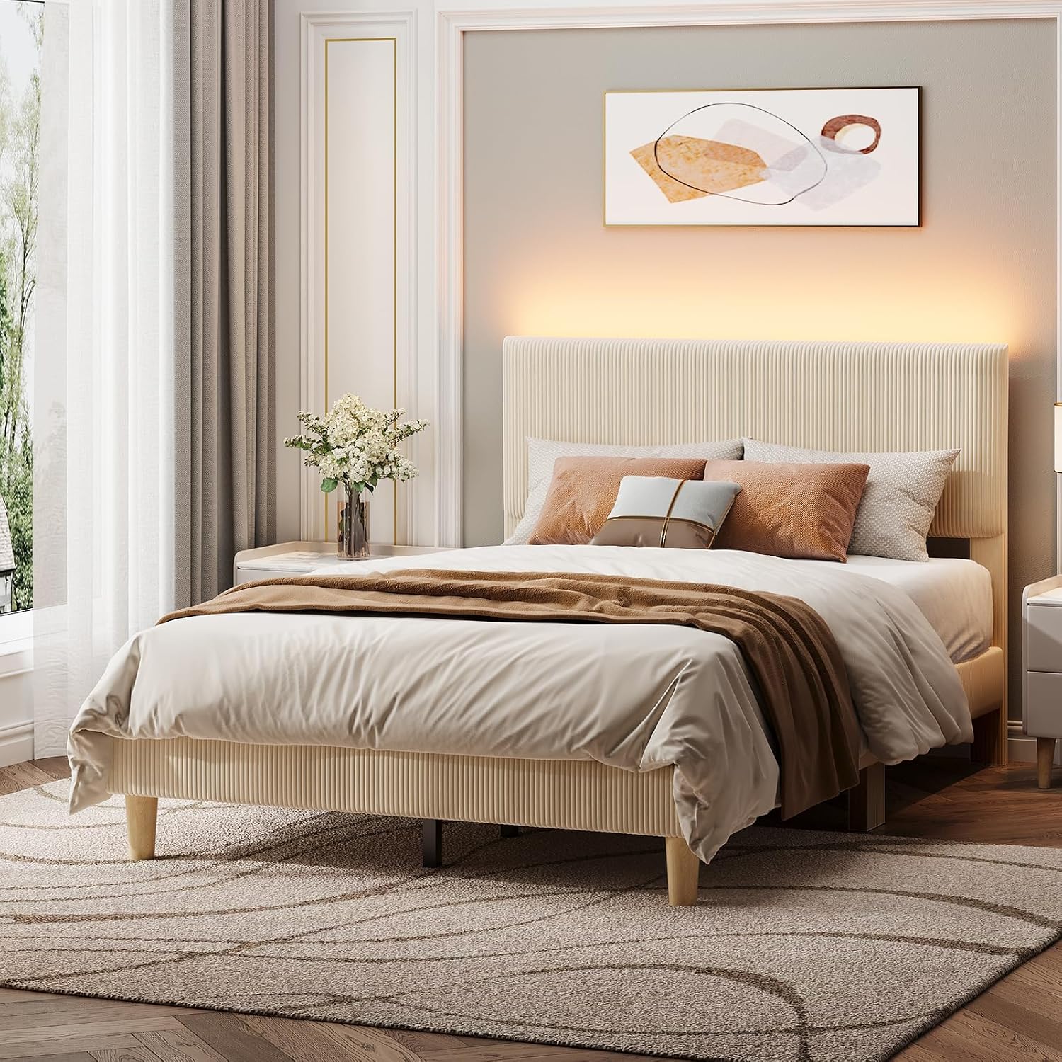Bestier Full Bed Frame with Adjustable Headboard,LED Light,Beige | LED Lighting Headboard,Easy Assembly,No Squeaks,Vertical Channel Corduroy Upholstered,Wood Slats Support,No Box Spring Need