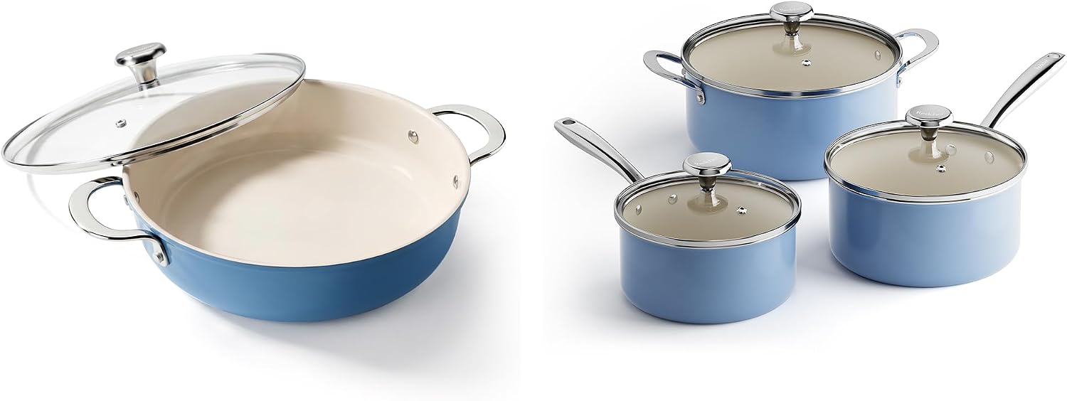 Redchef Ceramic Stock Pots Set, Nonstick Cookware Set, PTFE/PFASFree, Dishwasher/Oven Safe (Blue)