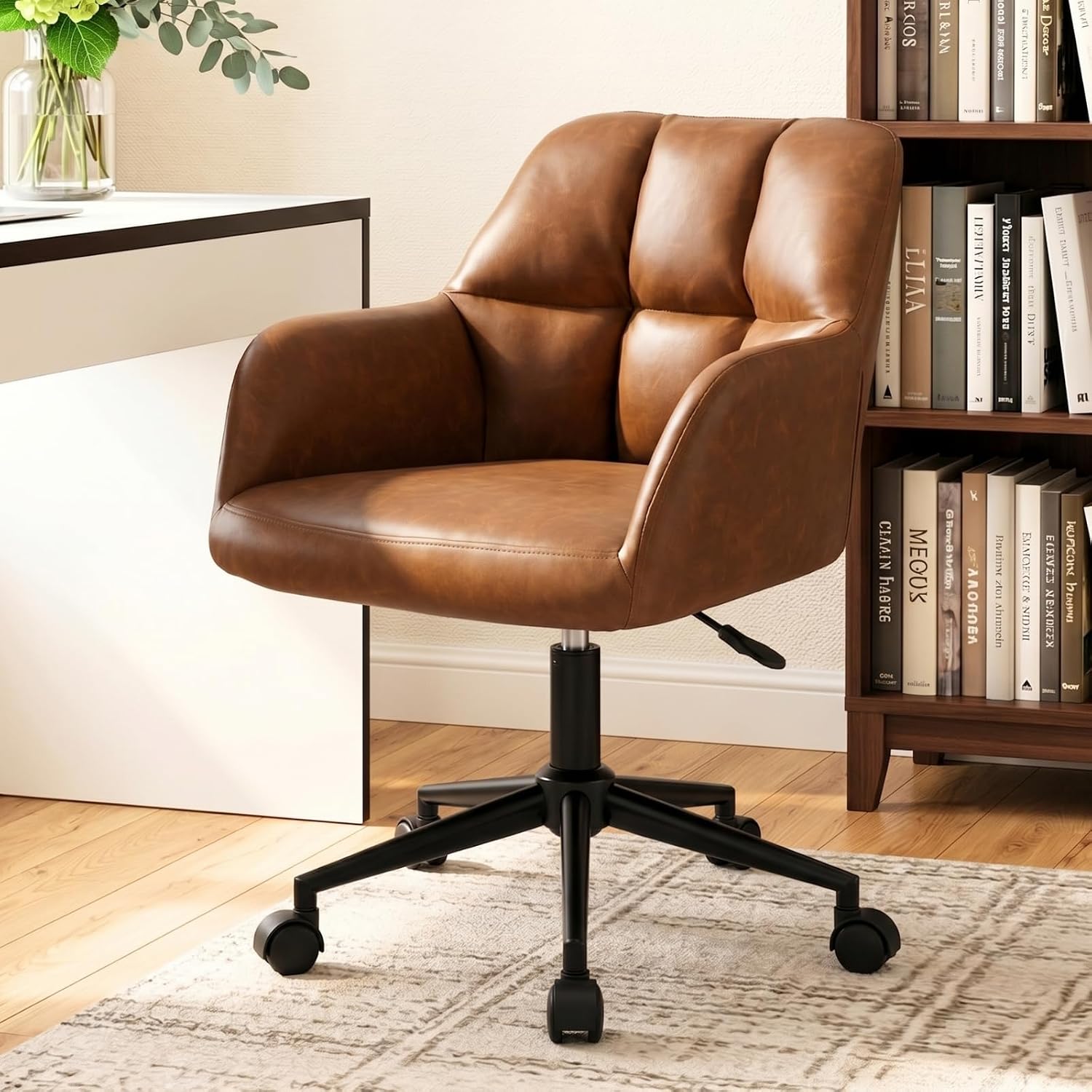 Leather Office Chair with Wheels, Height Adjustable Swivel Desk Chair with Arms & Mid Back, Comfy Upholstered Vanity Computer Chair for Home Office/Living Room/Bedroom, Brown