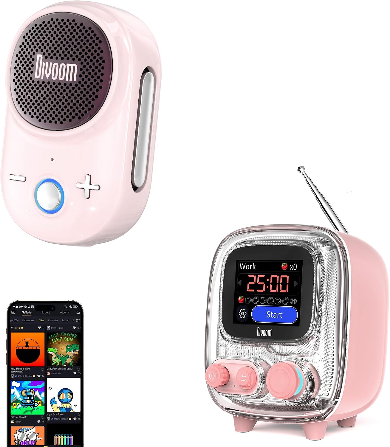 Divoom Sound & Style Bundle – Retro Tiivoo Pixel Speaker + Portable Itour-S Clip-on Speaker | Home & Outdoor Bluetooth Audio with Pixel Art Fun