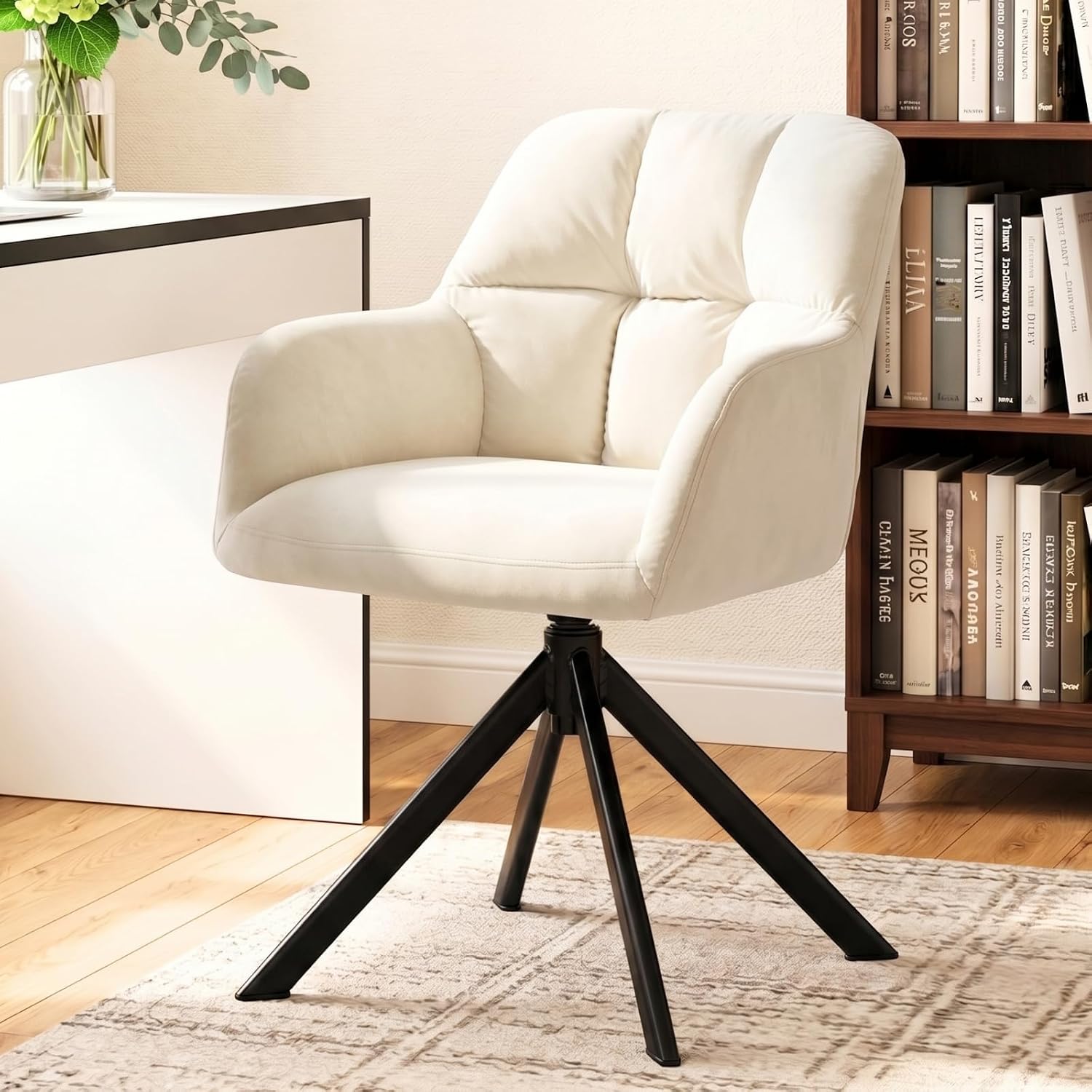 Swivel Desk Chair with Arms, Modern Velvet Fabric Office Chair No Wheels, Comfy Accent Vanity Chairs for Home Office/Living Room/Bedroom/Makeup Room, White