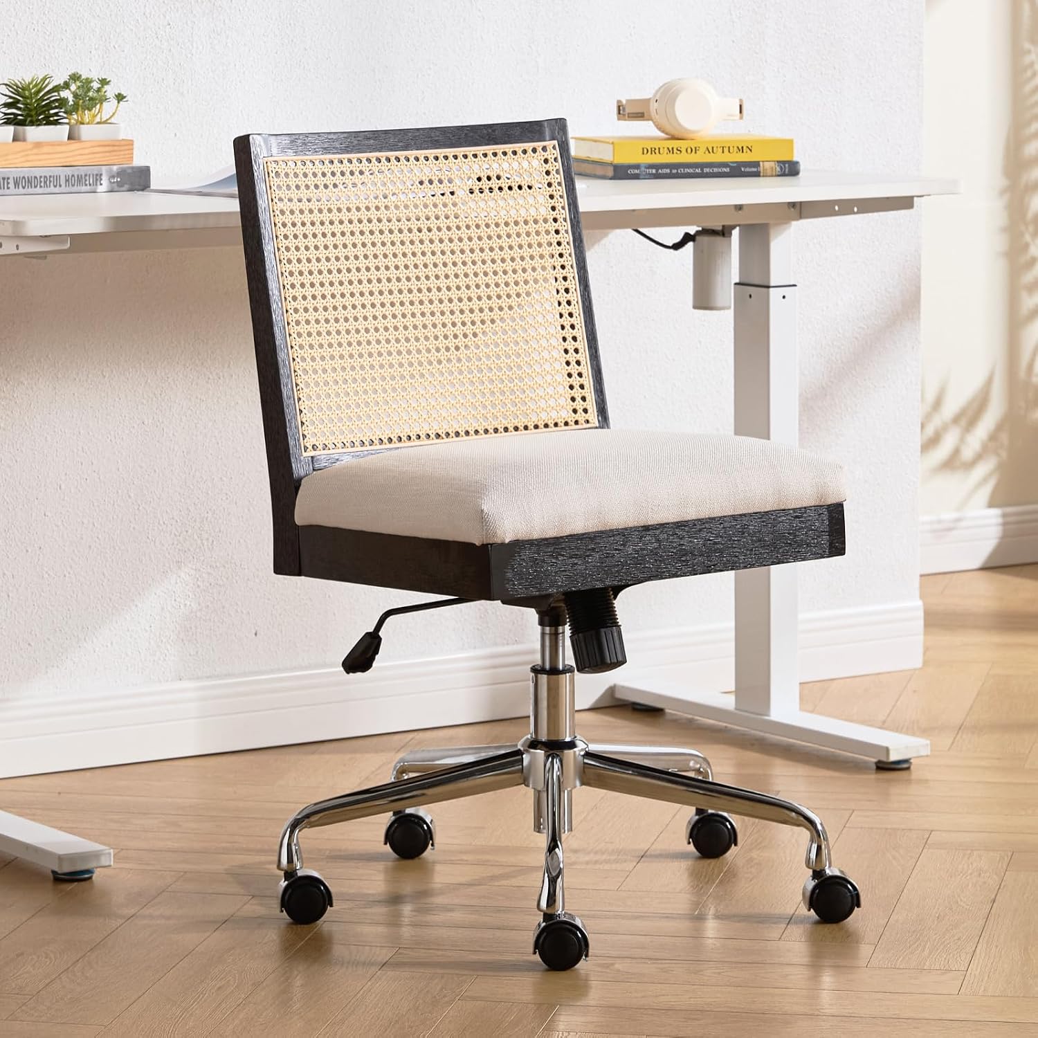 Rattan Home Office Chair, Modern Armless Swivel Desk Chair with Adjustable Height & Wheels, Upholstered Computer Task Chair for Study Bedroom Living Room, Black Finish
