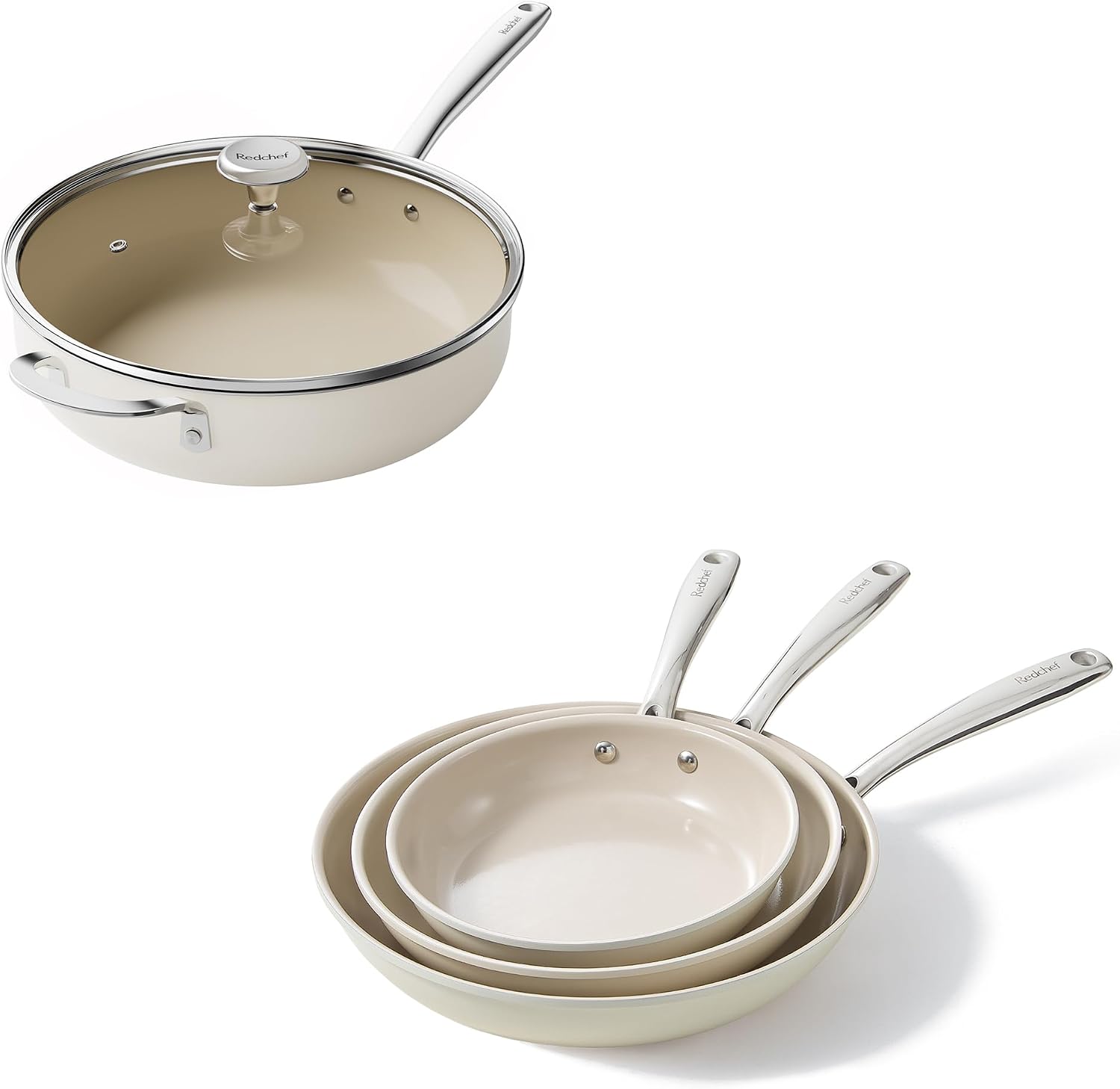 Redchef Ceramic Pots and Pans Set, Deep Saute Pan with Lid, Skillet,8" 9.5" 11" Frying Pan 5QT Jumbo Cooker with Stay Cool Handle, Beige White